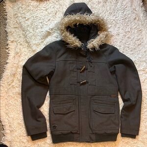 Billabong small insulated woman’s grey Hooded Jacket with Faux Fur Trim